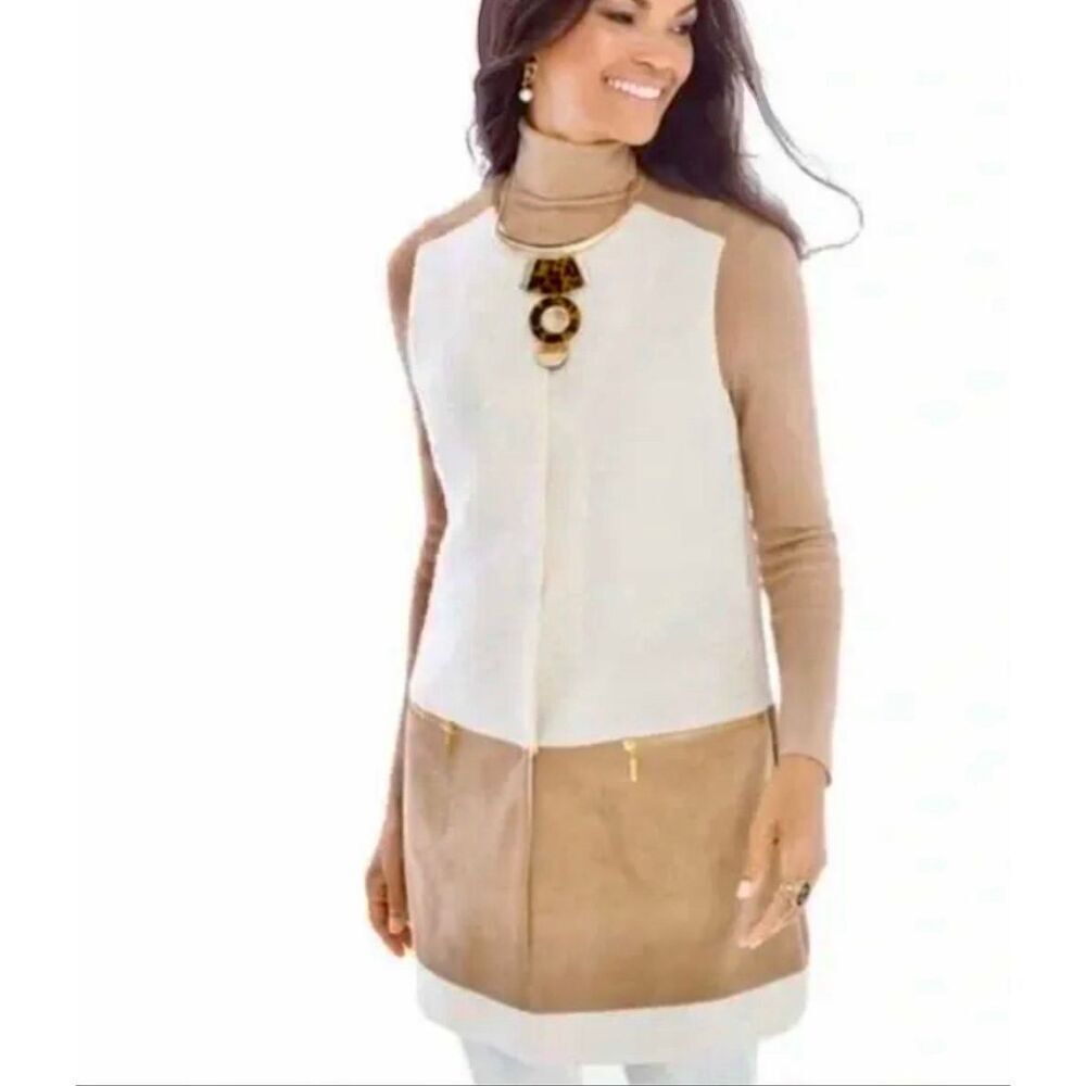 Chico’s Vest Ivory Wool Faux Suede Zip Pockets Cream Tan 2 US Large